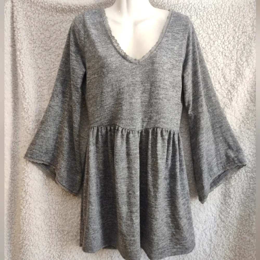 Altar'd State Gray Skater Dress Bell Sleeve Sz L - Picture 2 of 7